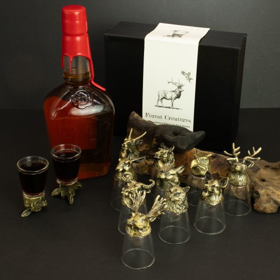 (image for) Gift Set of 12 Bottom Up Shot Glasses (25ml) - Forest & Mystical Creatures - Antique Bronze