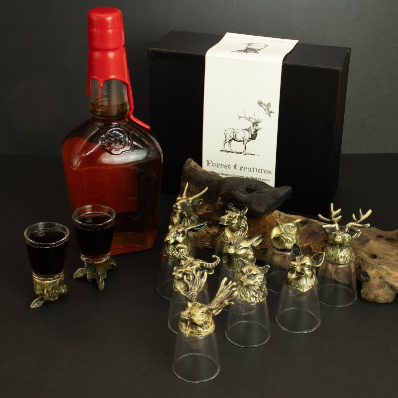 (image for) Gift Set of 12 Bottom Up Shot Glasses (25ml) - Forest & Mystical Creatures - Antique Bronze