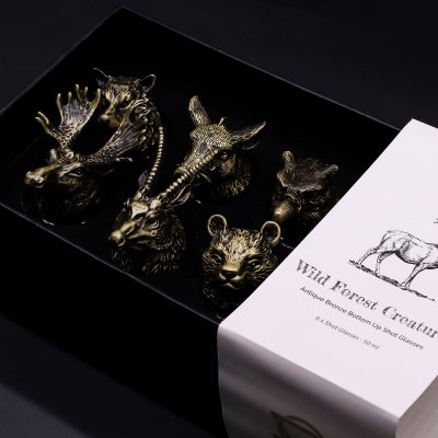 (image for) Gift Set of 6 Shot Glasses (50ml) - Wild Forest Creatures - Antique Bronze