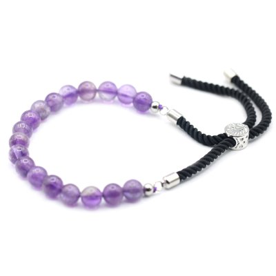 925 Silver Plated Gemstone Black String Bracelet - Amethyst (image for) 925 Silver Plated Gemstone Black String Bracelet - Amethyst