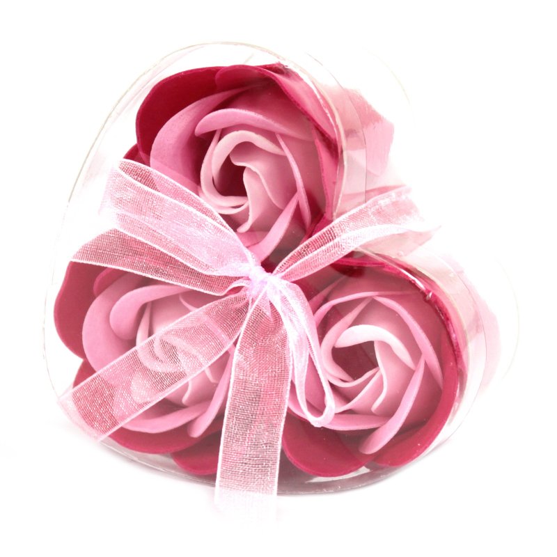 (image for) Set of 3 Soap Flower Heart Box - Pink Roses