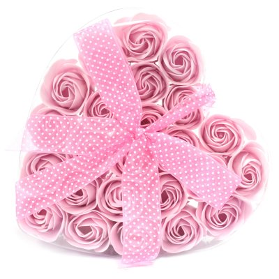 (image for) Set of 24 Soap Flower Heart Box - Pink Roses
