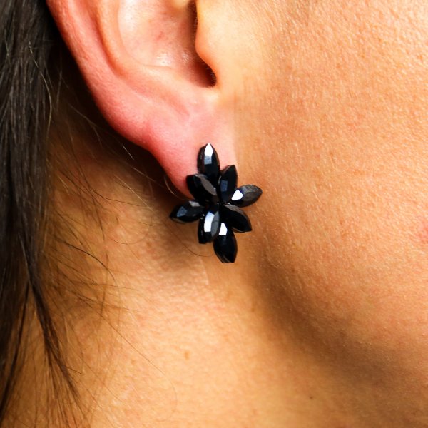 (image for) Jet Black - Vintage Glass - Flowers - Earrings